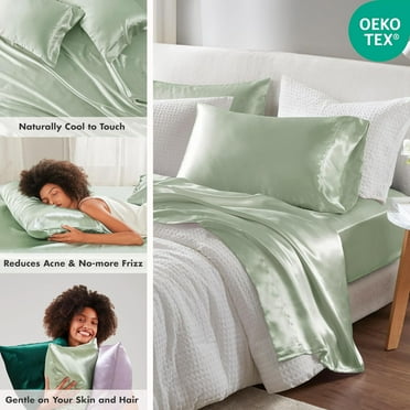 Essentials Satin Sheets Full Size, Luxe Satin Bed Sheets, 14" Elastic Pocket, Wrinkle-Free, Sage 6 Piece Set