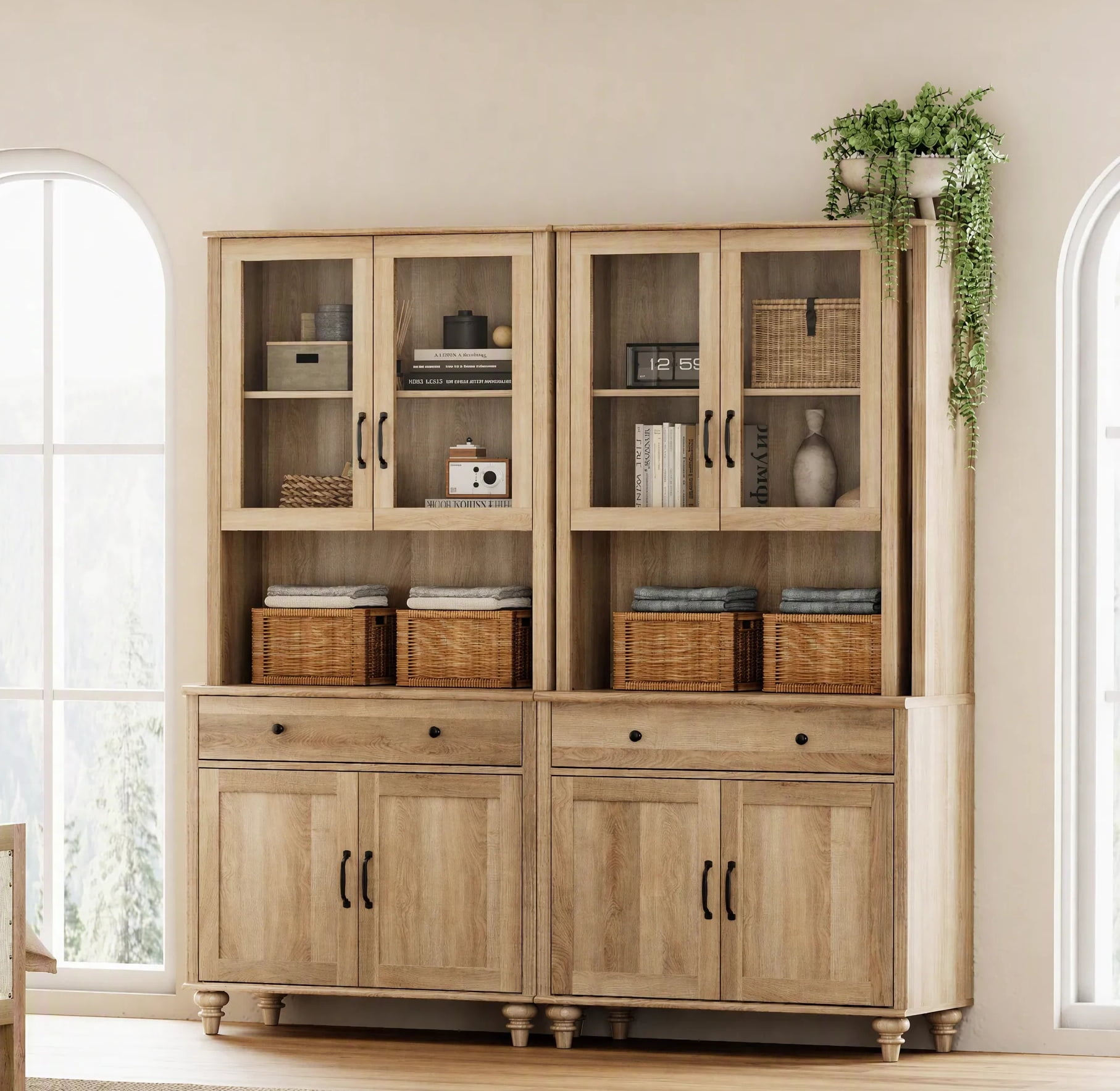 Oak Large Bookcase, Farmhouse Bookshelf with Ample Storage Cabinet, Library Wooden Bookshelves for Living Room, Office, Study Room, Kitchen