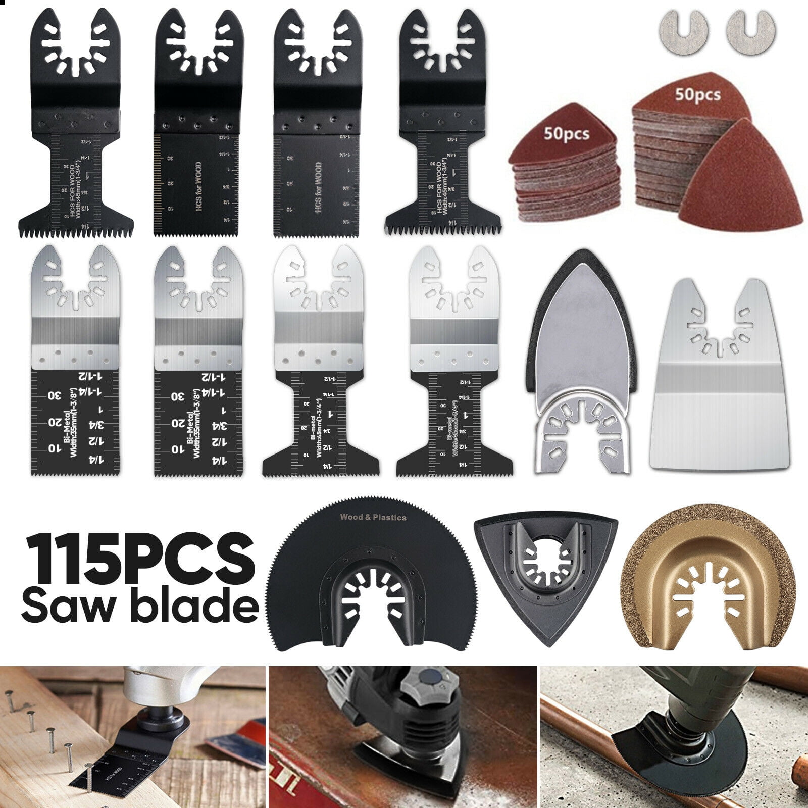 115PCS Oscillating Saw Blades Kits,  Multi-Tool Quick Release Wood & Metal Oscillating Saw Blades for Dewalt, Milwaukee, Makita, Ryobi, Bosch,Fein