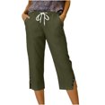 thumbnail image 6 of Miluxas Women's Summer Capri Pants High Waist Drawstring Straight Leg Pants with Pockets Summer Cotton Linen Side Slit Buttons Cropped Pants Army Green, 6 of 6