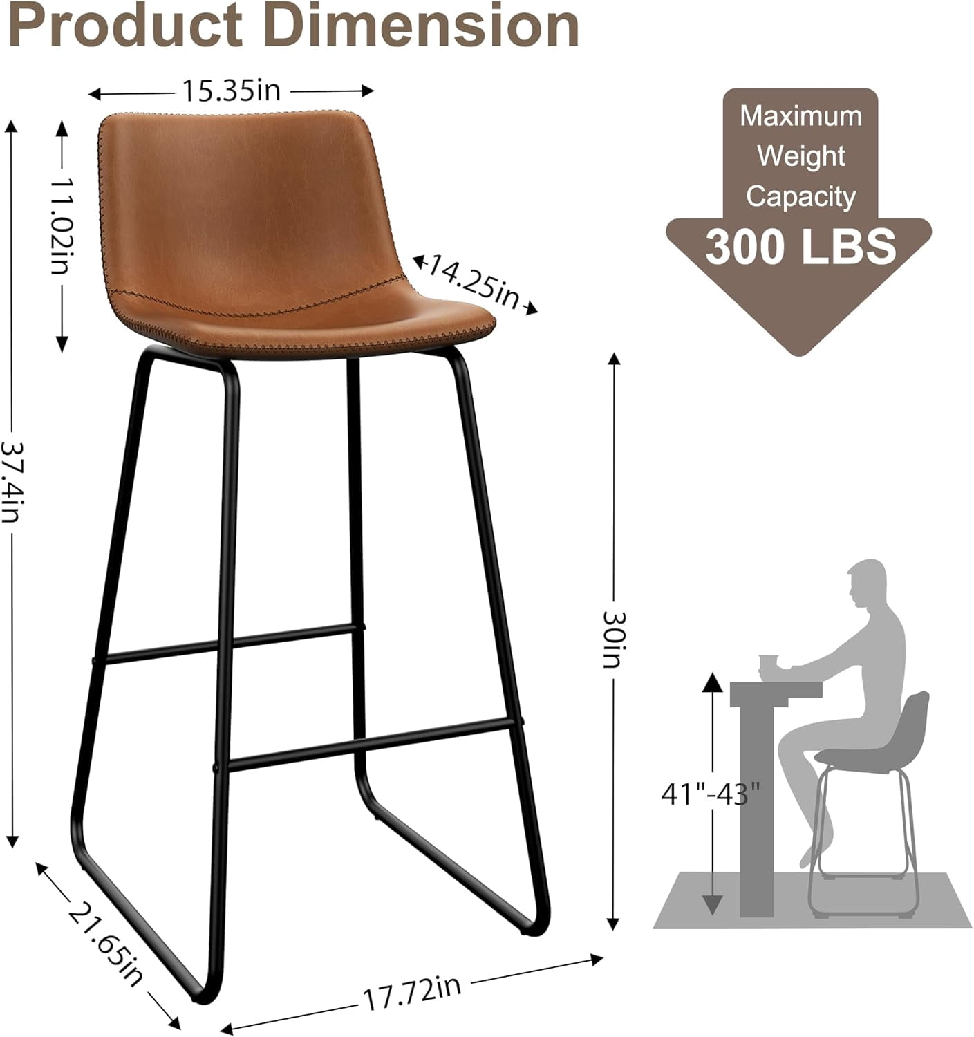 GIKPAL Bar Stools 30" Faux Leather Counter Height Barstools with Back Set of 4, Modern Counter Stools with Metal Legs and Footrest, Armless Chairs with Back for Kitchen Living Room Pub, Dark Brown