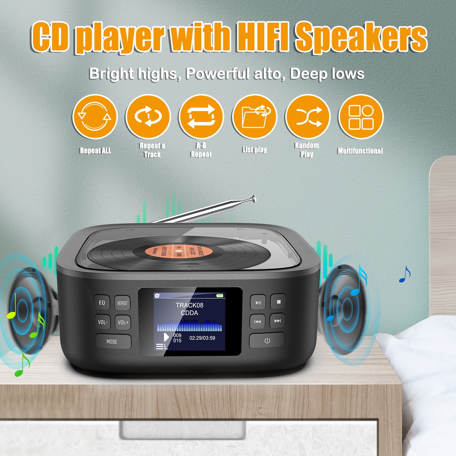 Portable CD Player Bluetooth, Desktop CD Player with Bluetooth Music Boombox Portable CD Players for Home FM Radio & Bluetooth Speaker LED Screen Built-in Dual Speakers