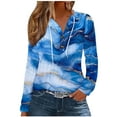 thumbnail image 5 of JTZGDY Fall Womens Eyelet T-Shirts Casual Drawstring Button V Neck Crochet Hollow out Long Sleeve Hooded Pullover Tops Boho Floral Printed Graphic Hoodie Shirts Blue#03 XL, 5 of 6