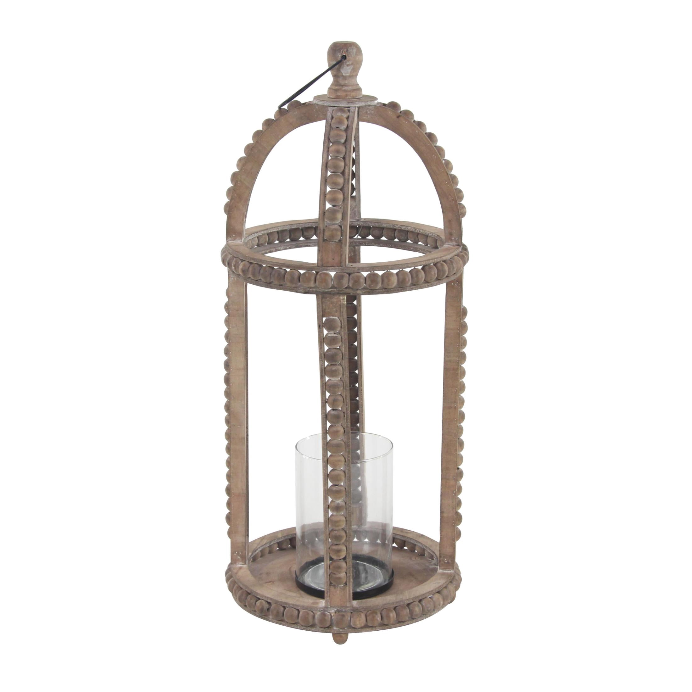 DecMode Brown Reclaimed Wood Beaded Decorative Candle Lantern