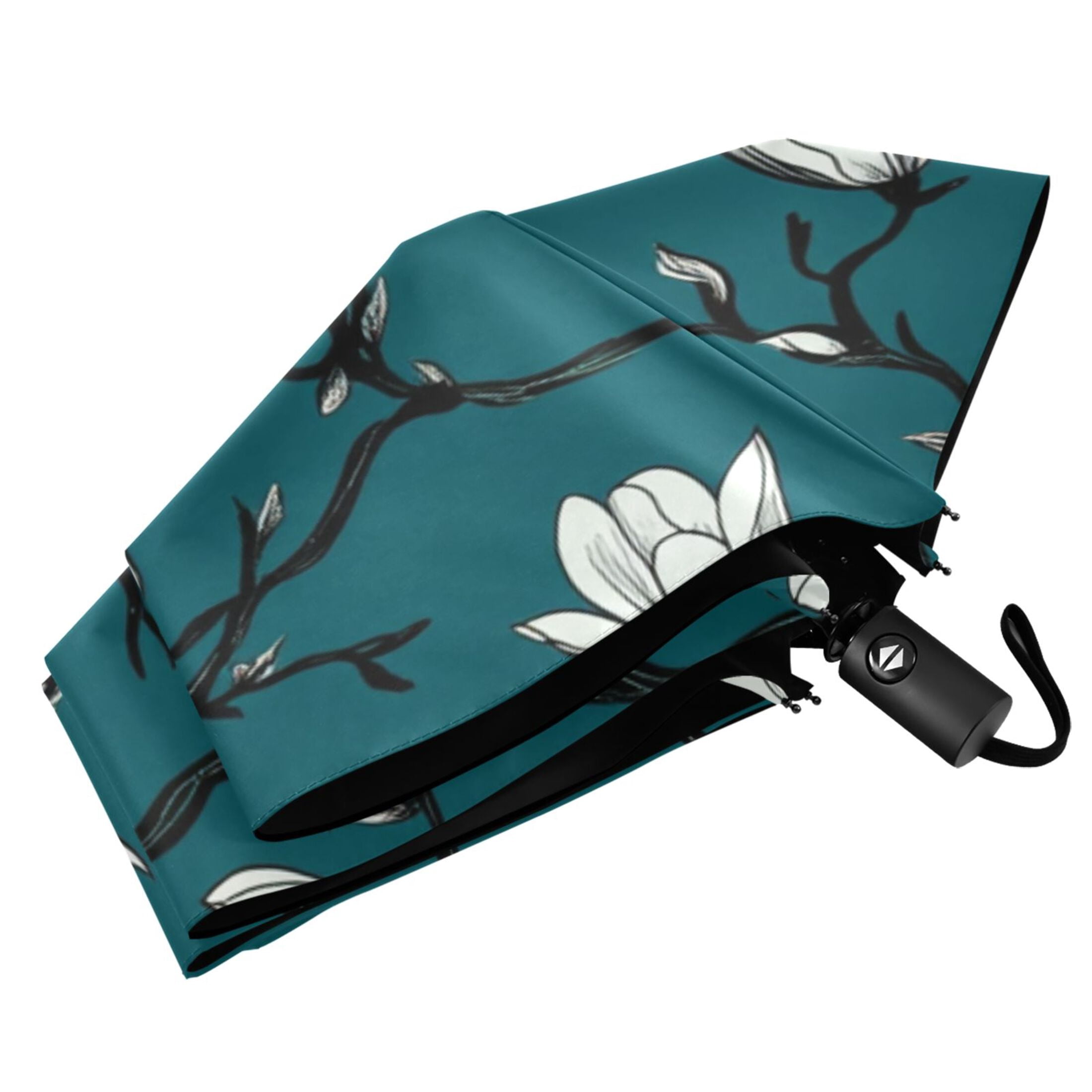 Flowers Magnolia Buds Folding Umbrella UV50+ Waterproof Sun Protection Auto Open Close Compact Fiberglass Frame