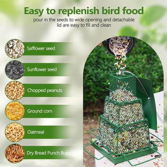 HOARBOEG Outdoor Hanging Bird Feeder, 3-Tier Foldable Bird Feeder for Garden Courtyard Patio, Multi-Layer Bird Food Box with Metal Hook, Weather-Resistant Iron Bird Feeding Station for Wild Birds