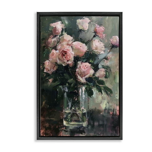 Stupell Industries Pretty Pink Roses Vase Plants & Flowers Painting Black Floater Framed Canvas Art Print Wall Art, 17 x 25