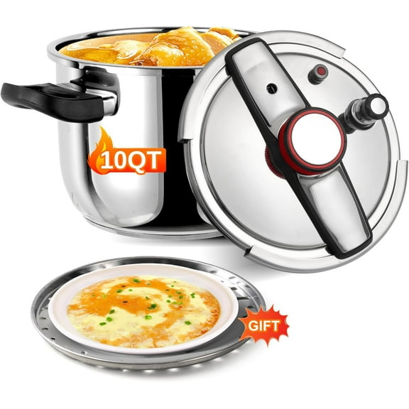 Pressure Cooker 10 QT, Stainess Steel Pressure Canner 10 Quart, Explosion-Proof Cookware, Rotating Lock/Unlock Lid, One-handed lid opening, Thickened Silicone Ring And Anti-scald Handle, Silver