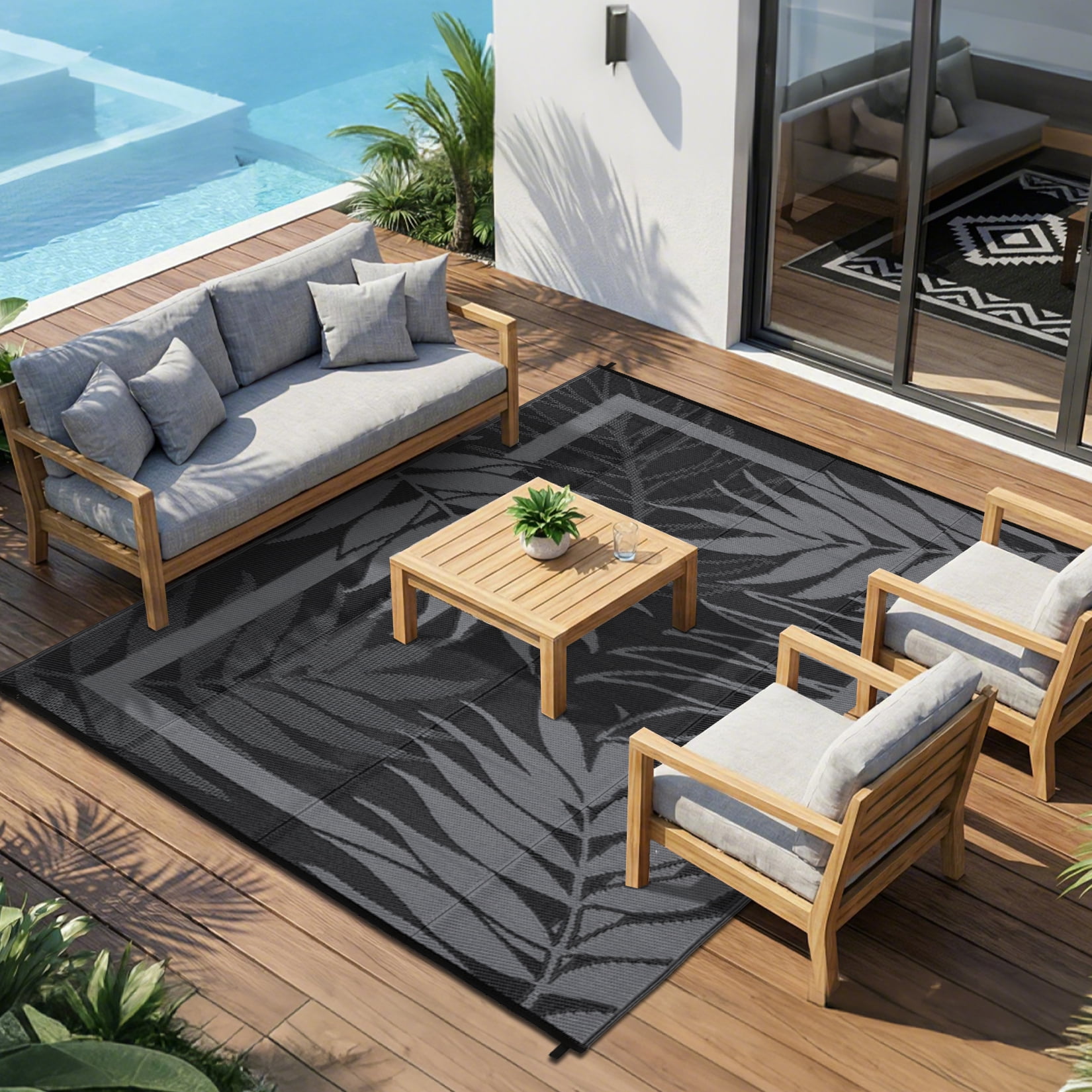 Nanan 9'x18' Outdoor Rug, Modern Leaf Print Waterproof Patio Rug, Outdoor Reversible Plastic Straw Rug for Camping, Deck, Bench, Picnic, RV, Black White