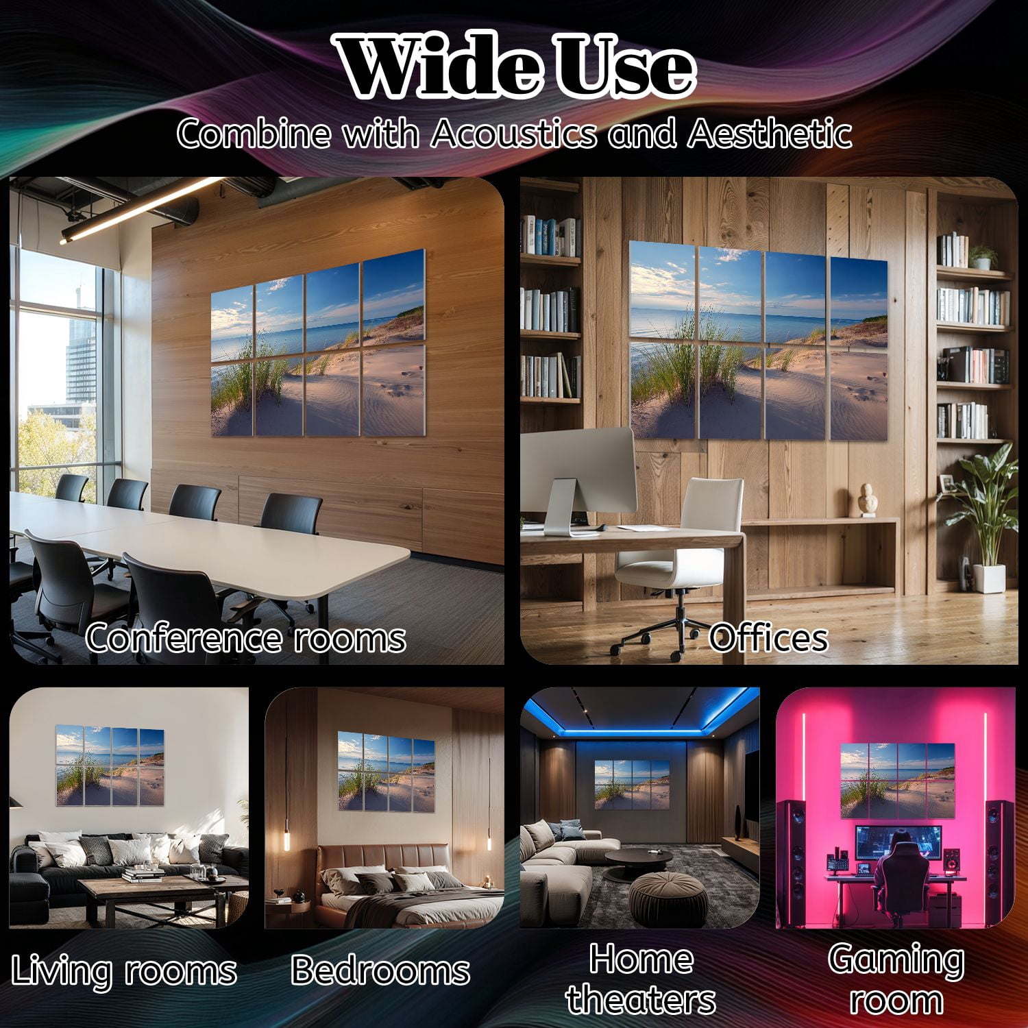 8 Pack Art Acoustic Panels Sound Absorbing sand grass lake michigan coast sleeping bear dunes Decorative Soundproof Wall Panels Self Adhesive for Nursery Game Room Bedroom 48"x32"