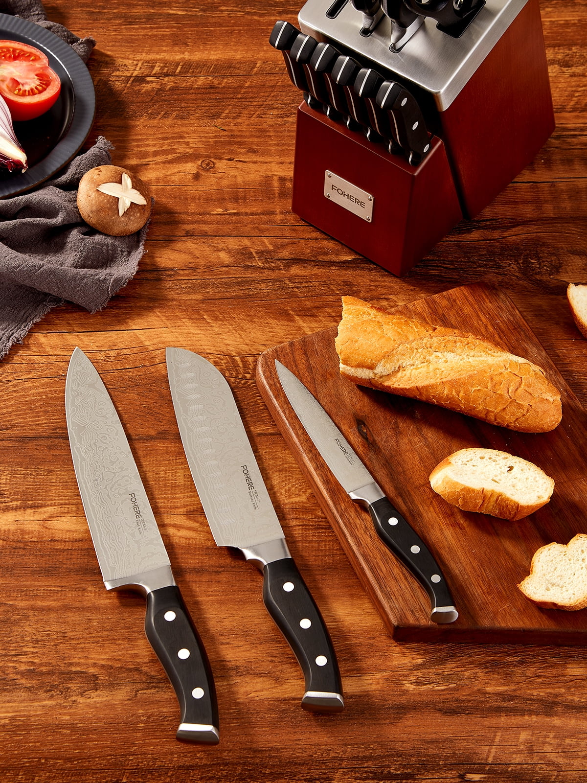 FOHERE 14 Pcs Knife Set with Self-sharpening Technology, Waved Texture Kitchen Knives, Stainless Steel