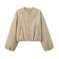 thumbnail image 2 of Women's Solid Color Loose Short Bomber Jacket Casual Fashion Long Sleeve Outerwear Khaki M, 2 of 4