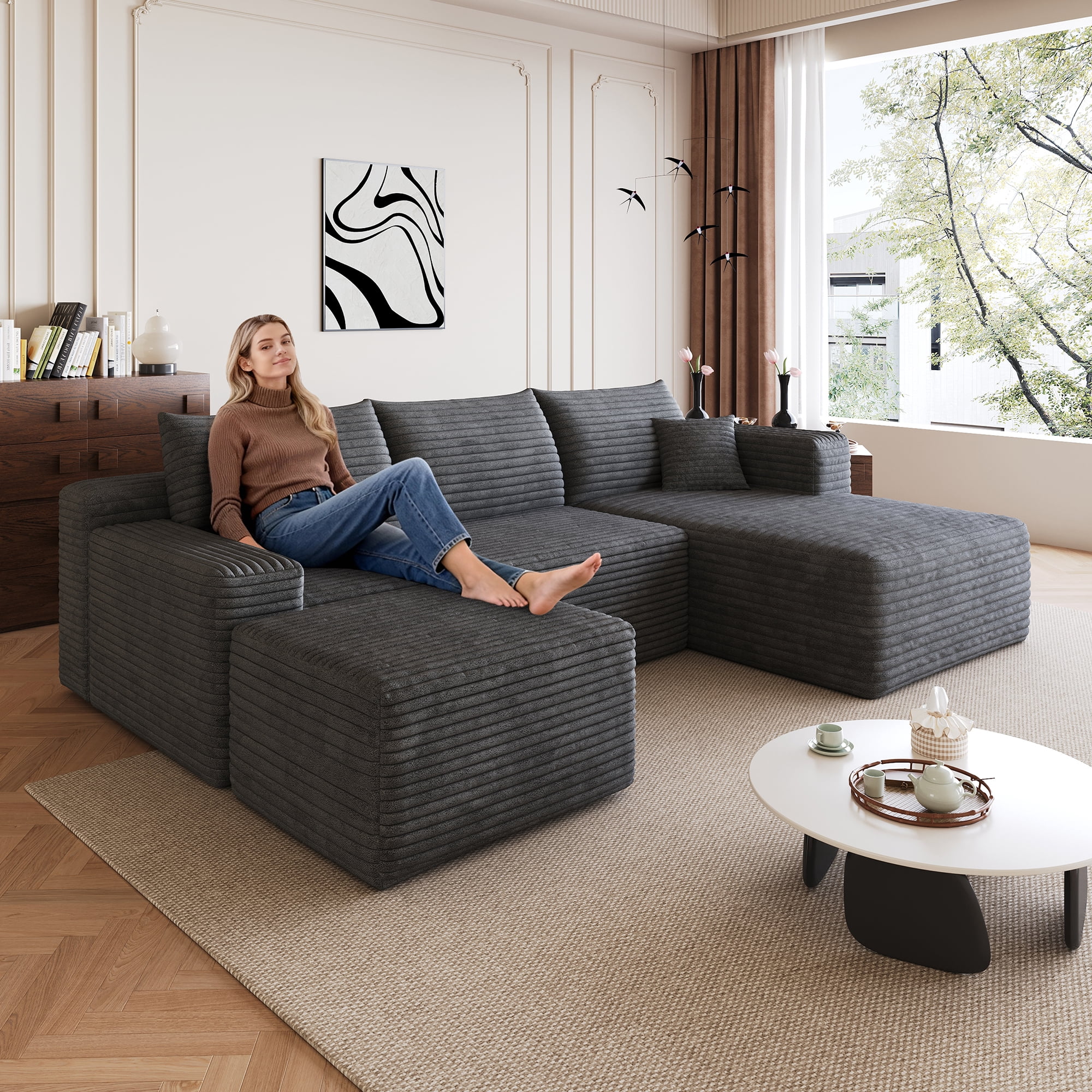 Cloud Sectional Sofa 95-Inch with Ottoman and U-Shaped Modular Design, Corner Couch and Deep Seat Living Room Set, No Assembly Required, Dark Gray