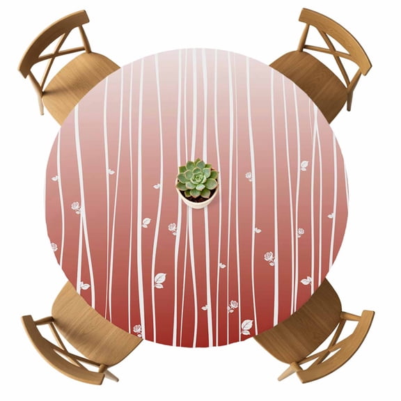 Round Fitted Tablecloth with Elastic Red Lines Tablecloths Waterproof Oil Proof Abstract Flower Leaves Table Cover for Kitchen Dinner Holiday Party Picnic Fits Tables up to 36"- 44" Diameter