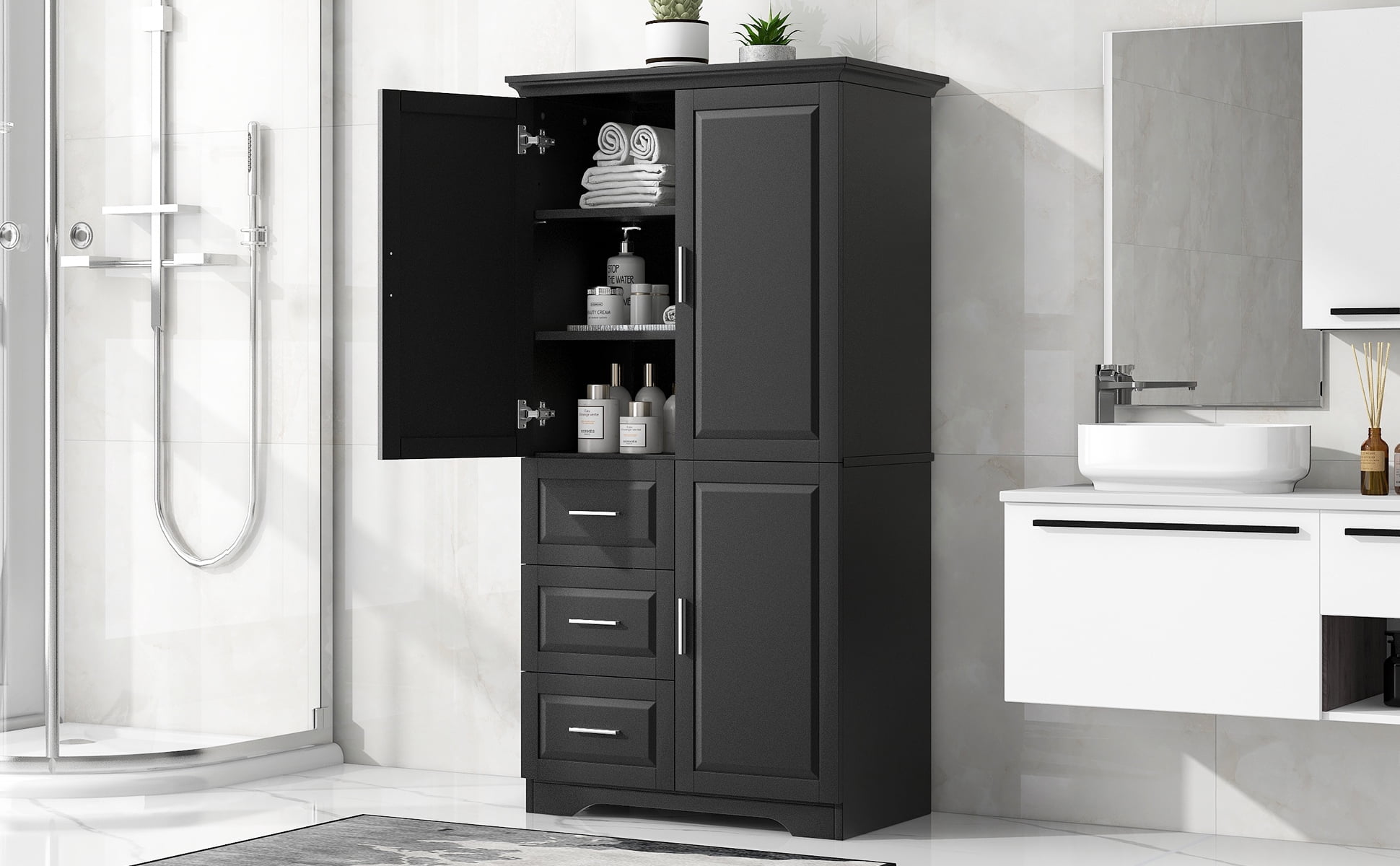 Euroco Tall Freestanding Storage Cabinet with 3 Drawers and Adjustable Shelf, Wide Linen Tower Cabinet with Doors, Waterproof Painted MDF, Anti-Tipping Kit