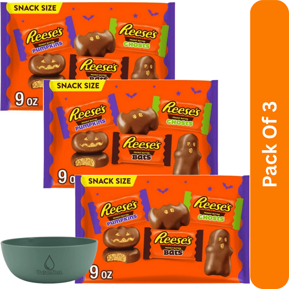 Trick-or-Treat Ready: Reese’s Milk Chocolate Peanut Butter Shapes Halloween Candy, 9 oz, 3PK, With Olive Green Bowl By ValueNest
