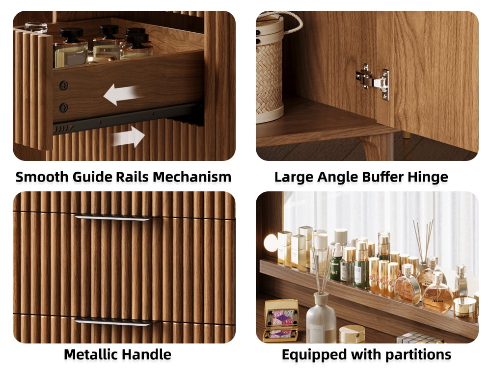 UGTOO Walnut Vanity Desk with Large Horizontal Mirror & LED Lights – 5 Drawers, Charging Station, Vintage Style (48.8"L x 15.7"W x 54.3"H)