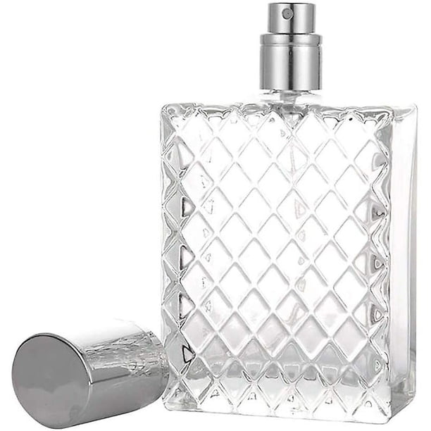 Botella cuadrada, botella cuadrada de vidrio transparente para llenarse, con atomizador de perfume y tapa, recargable compatible con 100ml, accesorios de viaje Afortunado Sencillez