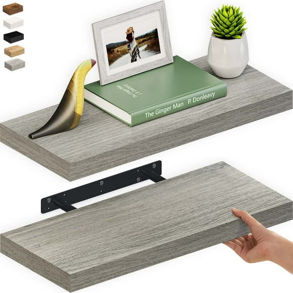 Ballucci 24" Floating Shelves, 2-Pack Wood Wall Shelf Set with Invisible Brackets, 8" Deep, Gray Oak
