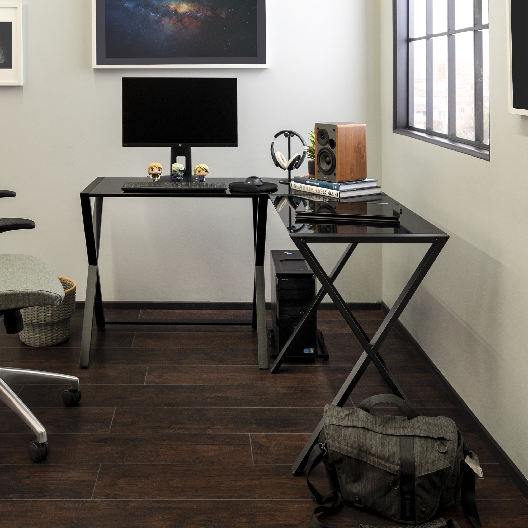 Modern Glass and Metal X-Frame Black L-Shaped Corner Computer Desk by Manor Park