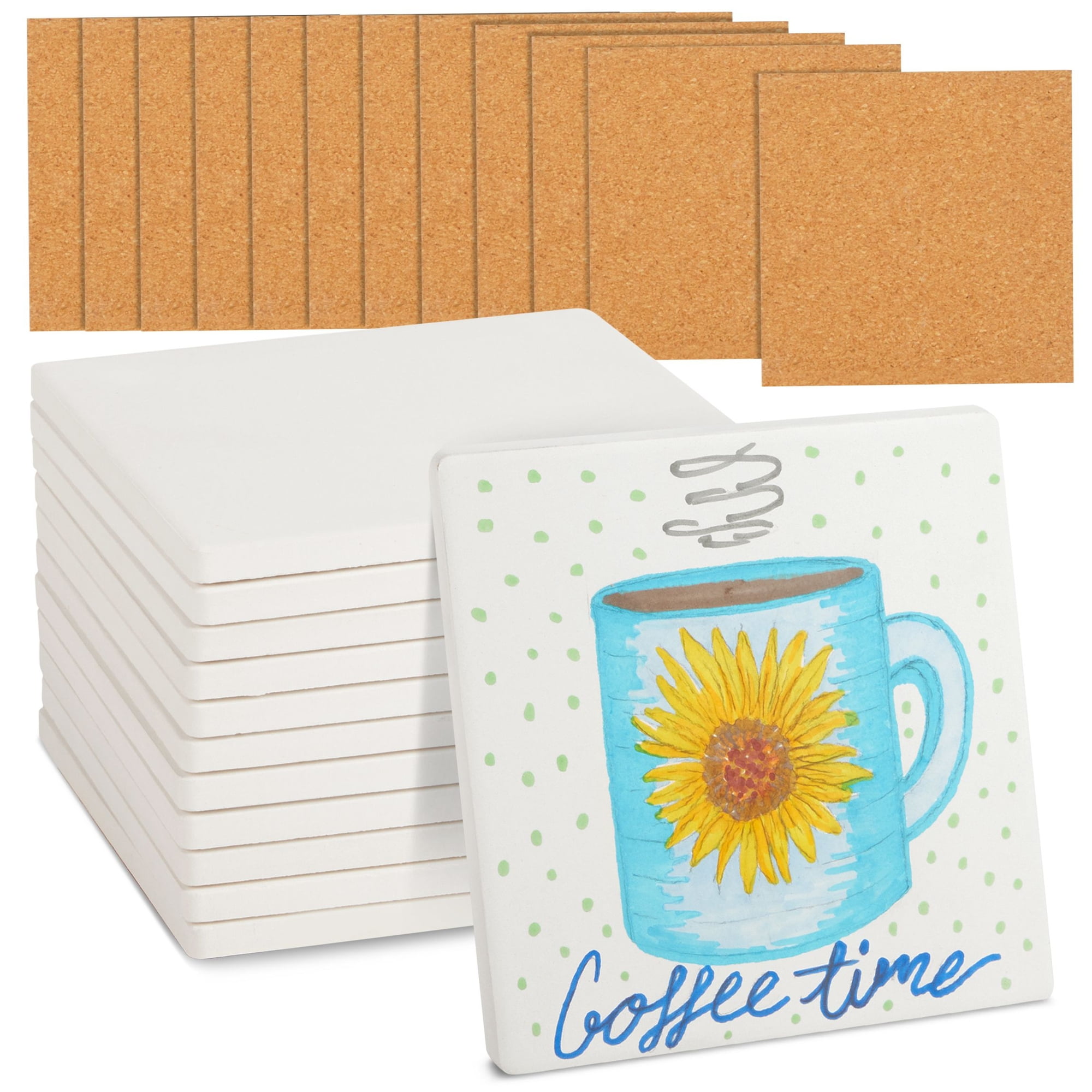 4 Inch Square Ceramic Tiles for Crafts with Cork Backing Pads, 12 Pack of Unglazed White DIY Coasters for Painting