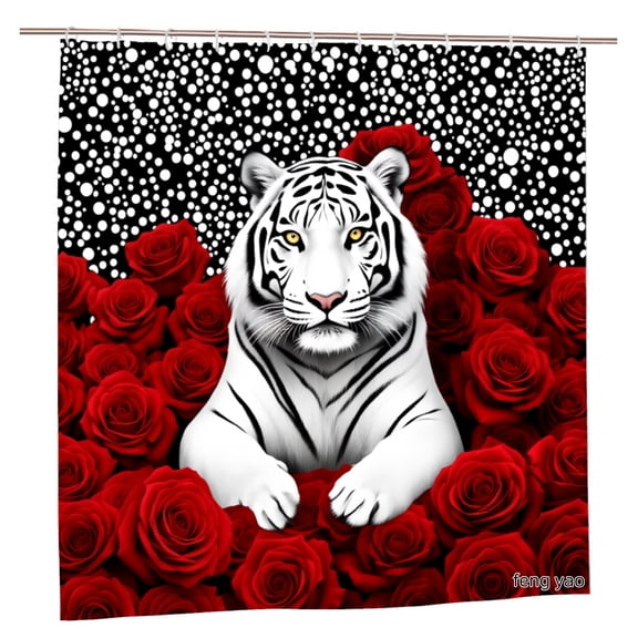 Amarainy White Tiger And Red Roses Polyester Shower Curtain For Home Bathroom Bath Tub Decoration 72x72 inch