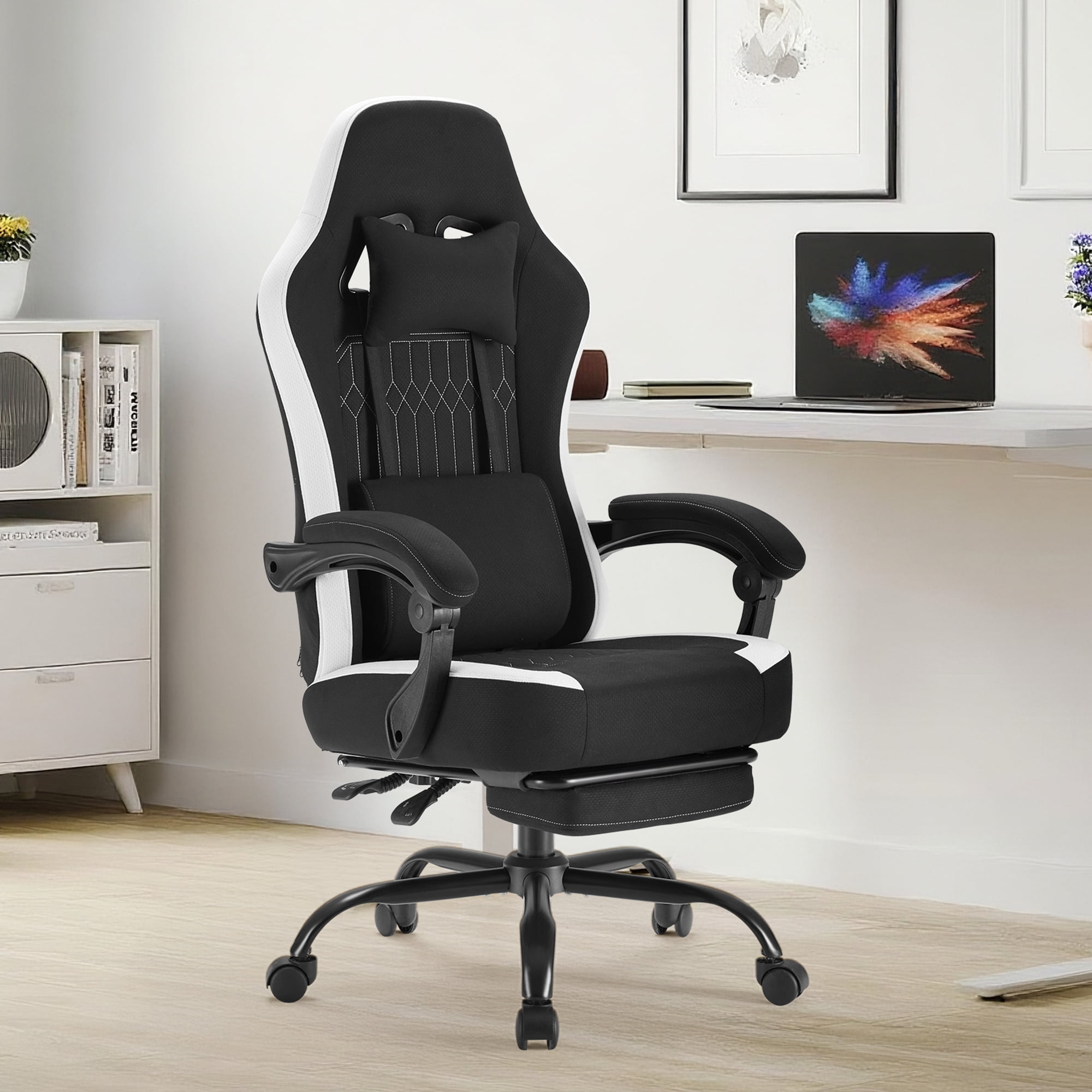 MCQ Computer Gaming Task Chair, High Back Ergonomic with Linkage Armrests, Footrest and Lumbar Support, 360° Swivel Wheels, Black