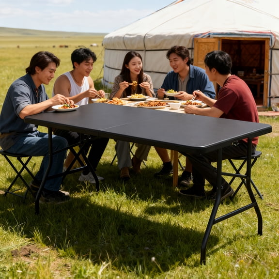 Portable Folding Table with Metal Frame and Easy-Clean Plastic Surface, Ideal for Camping, Outdoor Gatherings, Family Dining, and Group Events