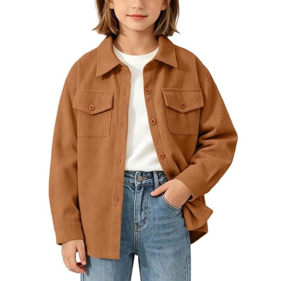 Wilark Girls Fall Corduroy Shirt Jackets Lightweight Loose Fit Casual Trendy Long Sleeve Collared Kids Shackets with Pockets Khaki 5-12