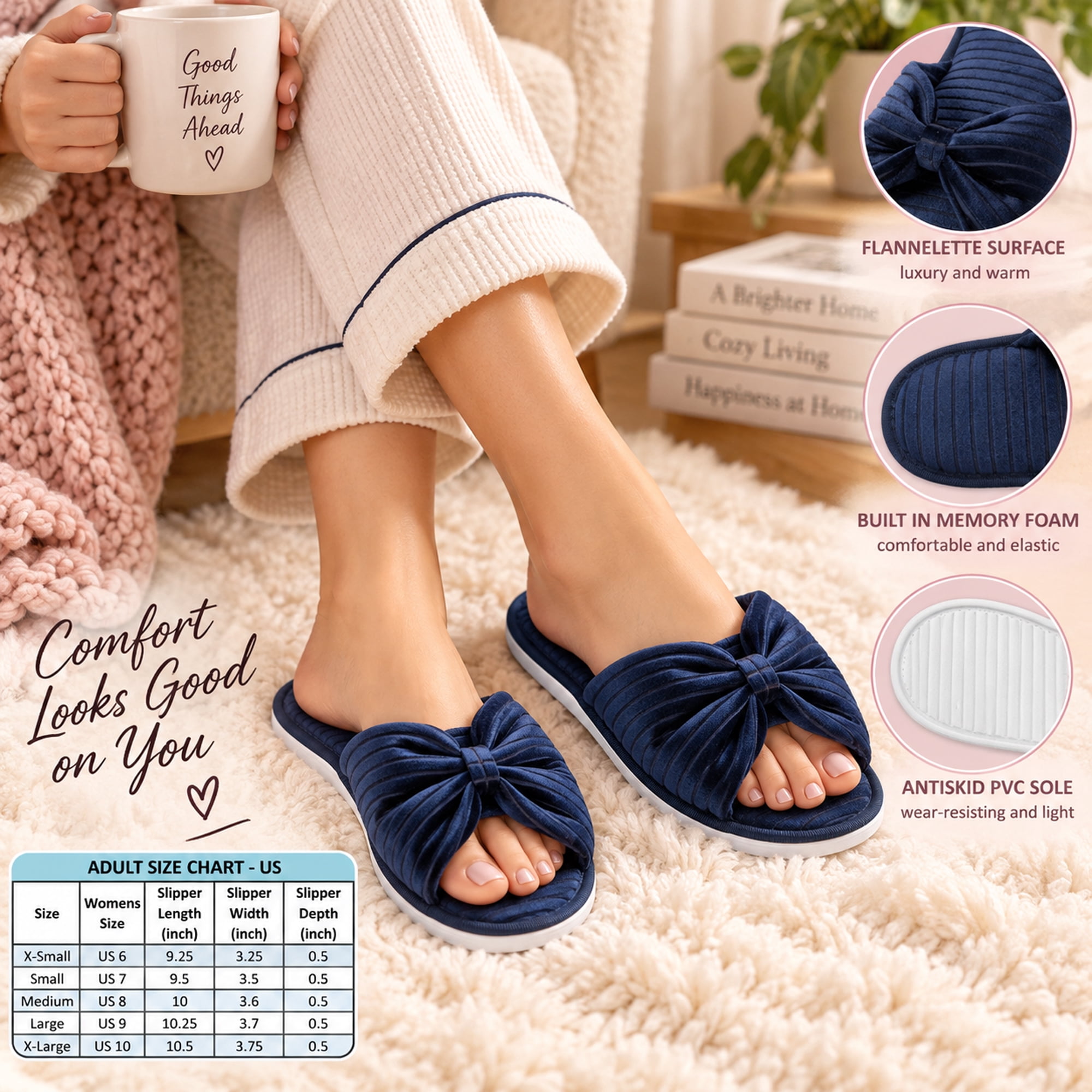 Women’s Memory Foam Open Toe Slide Slippers with Bow, Soft Cushioned Indoor House Shoes, Non-Slip Sole