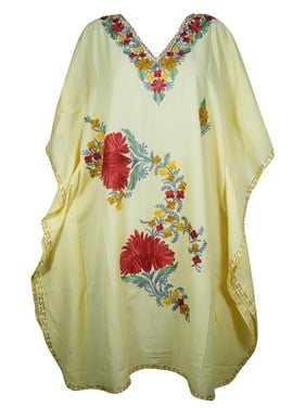 Mogul Women Beige Floral Embroidery Caftan Dress V-Neck Kimono Resort Wear Mid Length Cover Up Kaftan Dresses 2XL