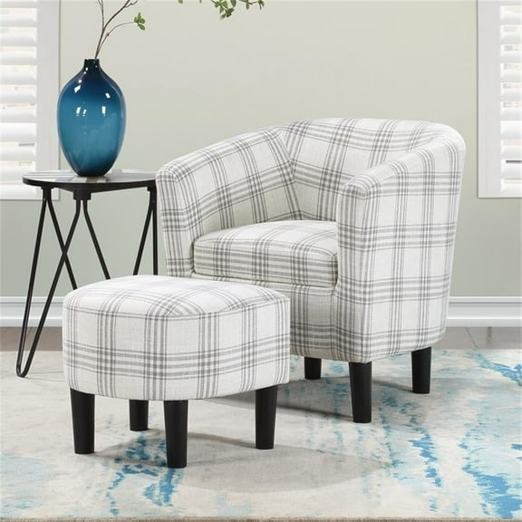 Pemberly Row Accent Chair with Ottoman in Gray and White Plaid Fabric