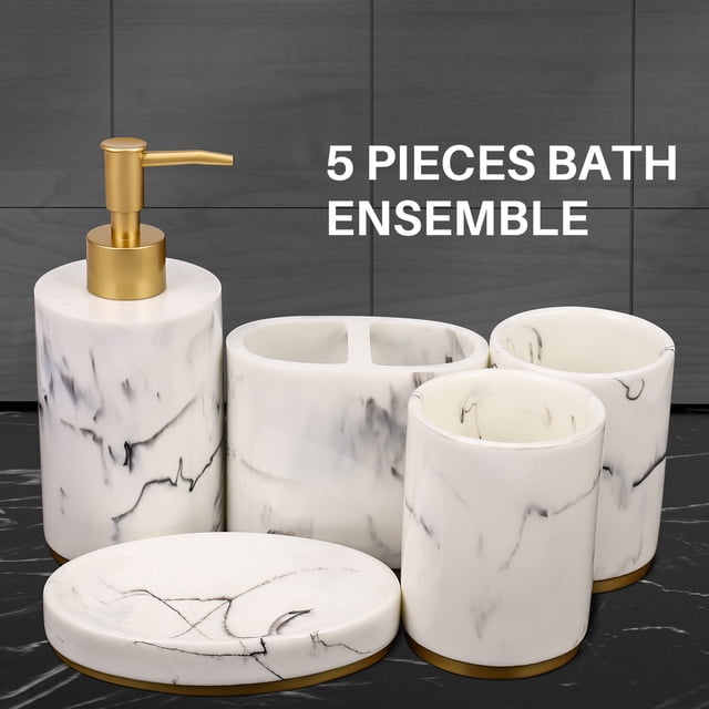 Bathroom Accessories Set, 5 Pieces Bath Ensemble, Bath Set Collection Marble Pattern Soap Dispenser Pump, Toothbrush Holder, Soap Dish