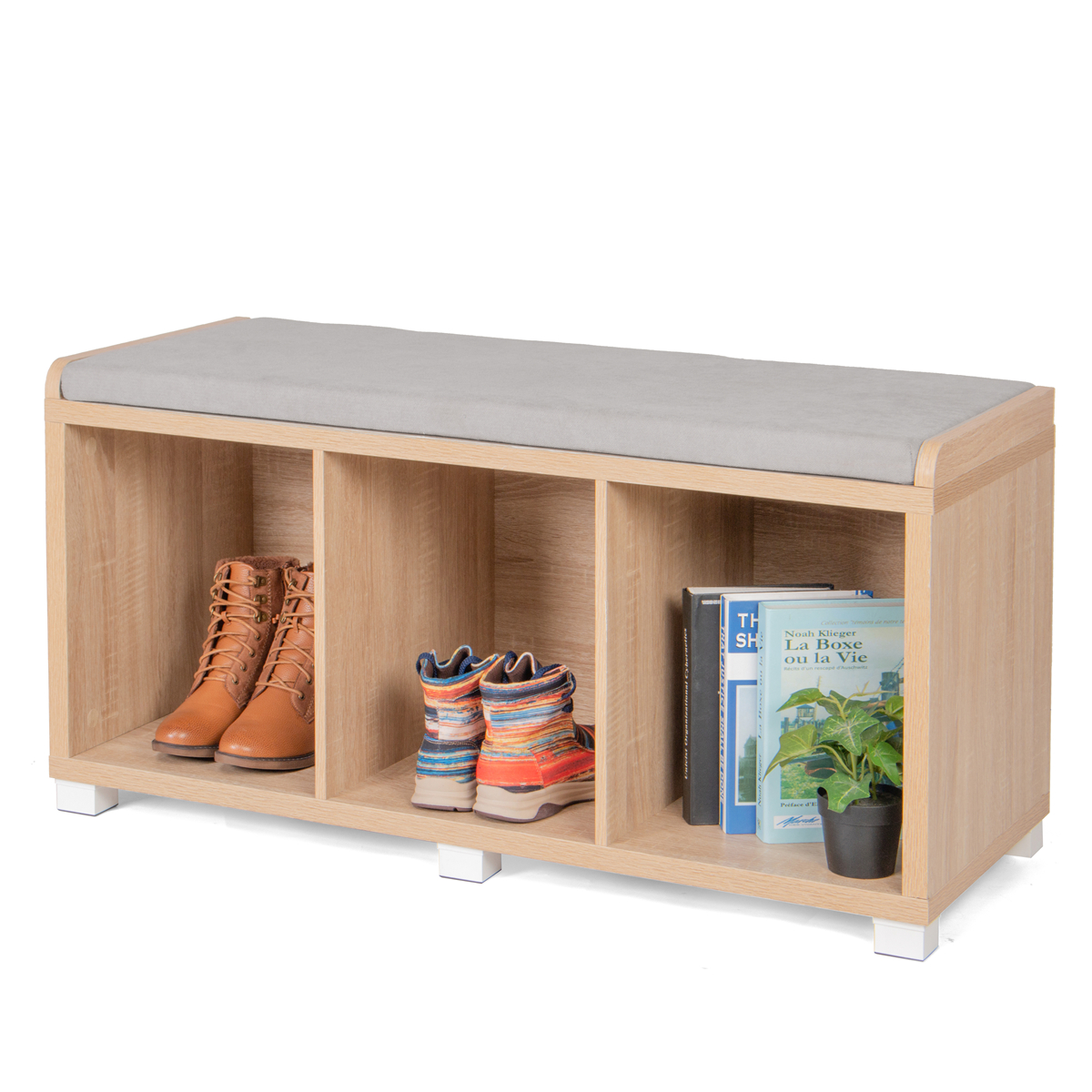 Wooden Shoe Hallway Storage Unit Bench with Organizer Cubby & Removable Padded Seat