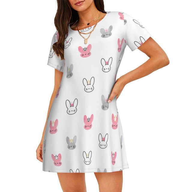 Balery Girl Rabbit Camisón de manga corta con cuello redondo para mujer, cómodo y elegante.