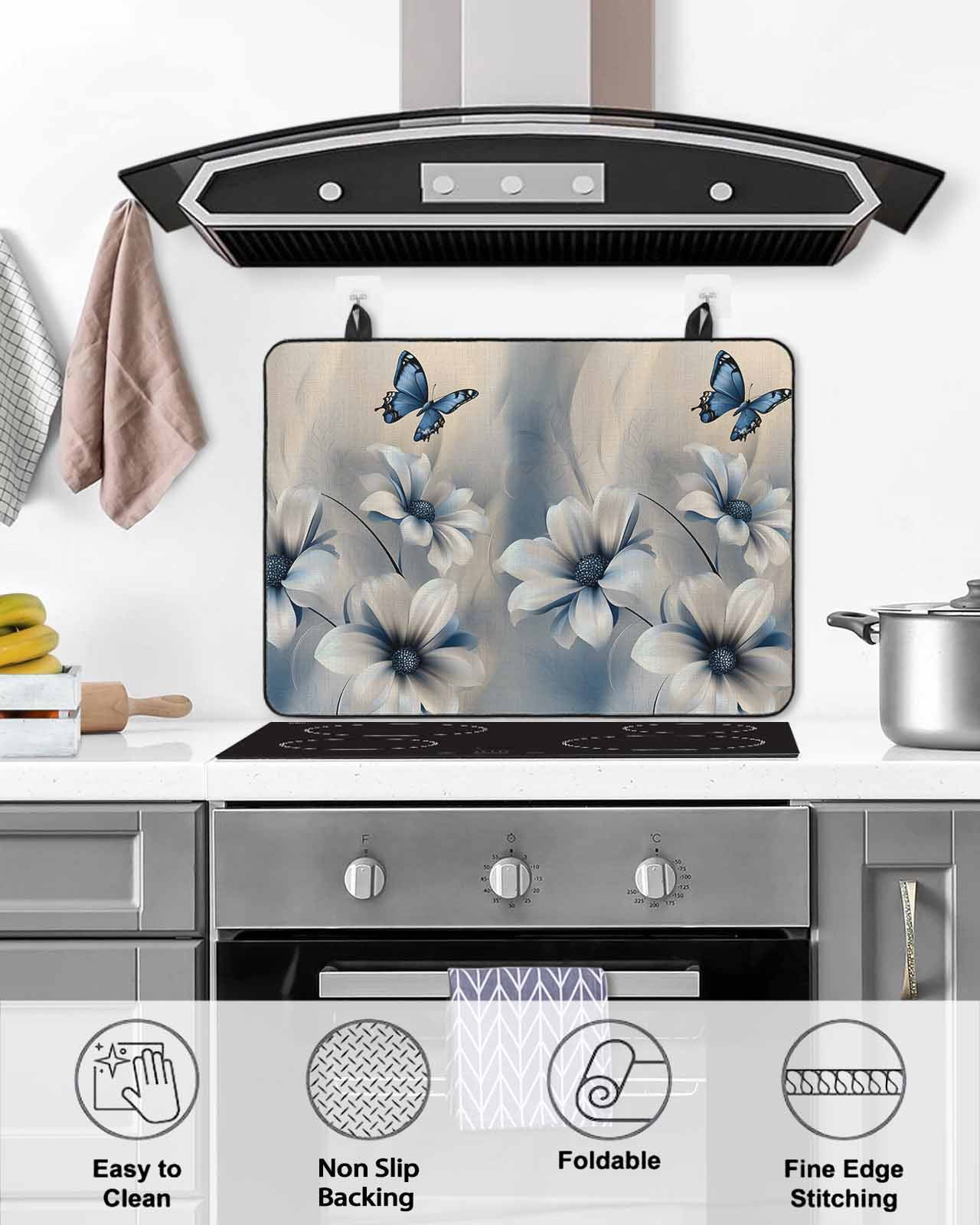 nqOlkjepod Large Induction Cooktop Protector Mat 24"x21", Elegant Floral Stove Top Covers for Electric Stove, Modern Blue Butterfly Flowers Burlap Stove Burner Cover Mats, Glass Top Stove Cover