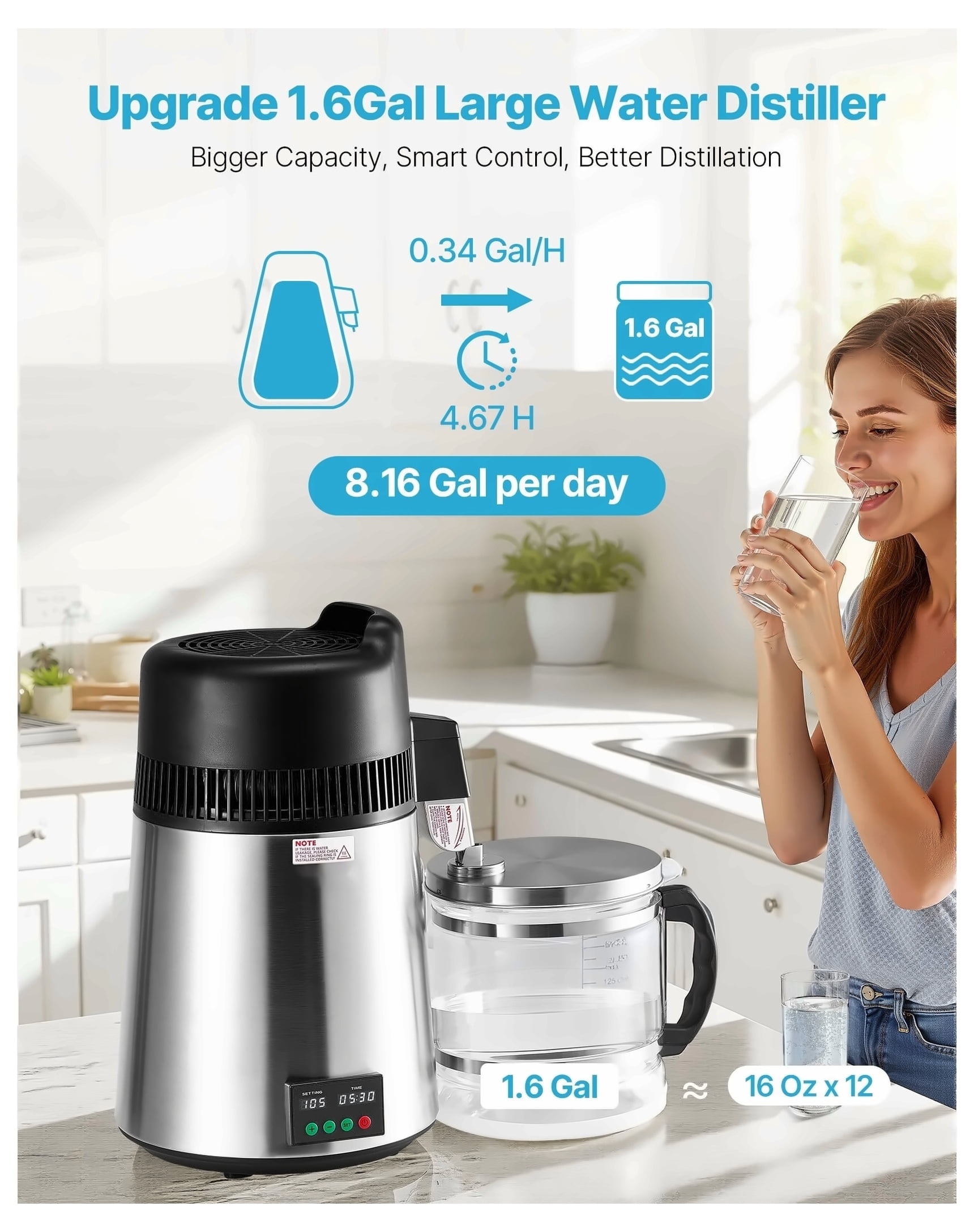 6L Water Distiller Home Countertop Purifier Machine 900W Stainless Steel Glass