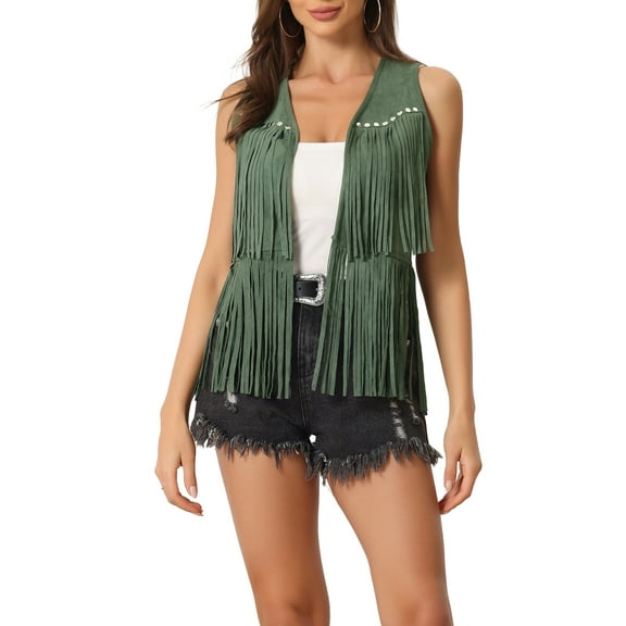 INSPIRE CHIC Women's Cardigan Fringe Vest Open Front Western Vintage Faux Suede Tassel Cardigan L Army Green