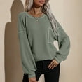 thumbnail image 3 of Women Pullover Round Neck Puff Long Sleeves Loose Hem Pure Color Casual Top with Pocket Green L, 3 of 6
