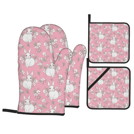 

Oven Mitts and Pot Holders 4 Piece Cute Rabbit Pink Flower High Heat Slip Resistant Oven Mitt and Trivets Set Kitchen Oven Glove Pot Holders for Cooking Baking Grilling