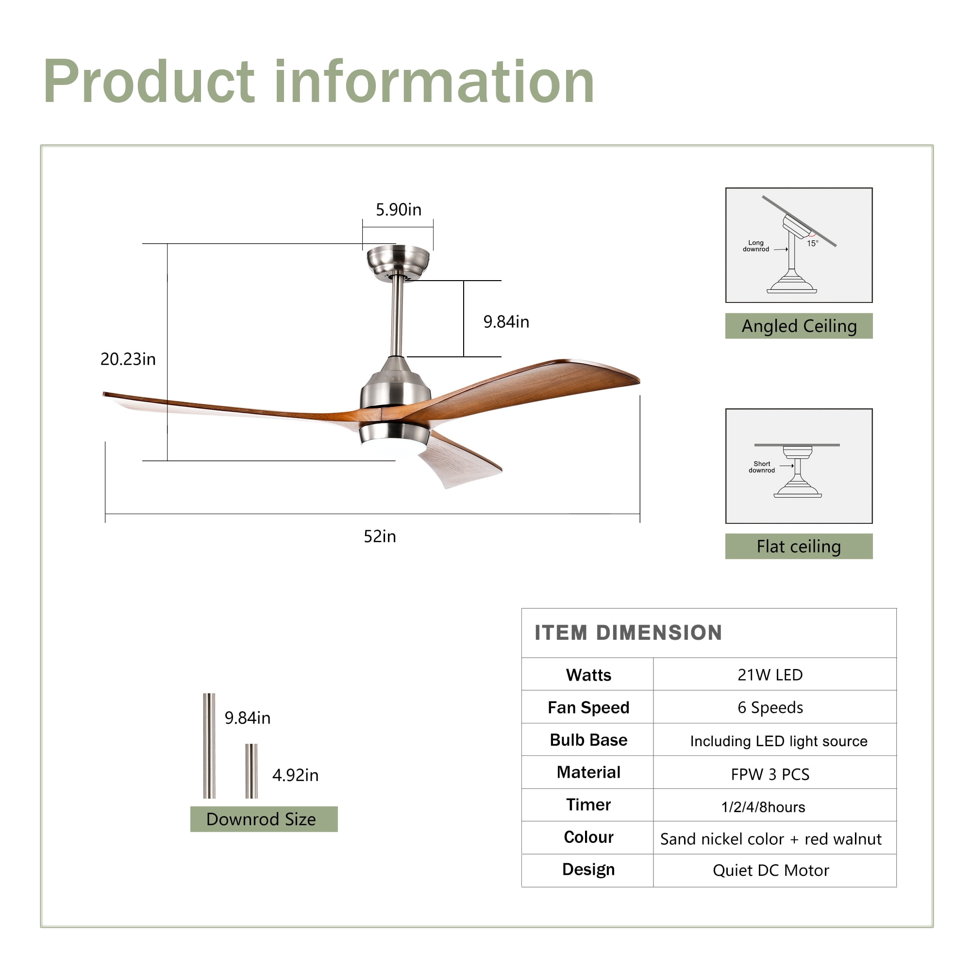 Leumius 52" Solid Wood Blades Ceiling Fan with Light and Remote Control,Quiet DC Motor 3 Blade Ceiling Fans 6 Speed Levels,Reversible for Patio Living Room Bedroom Office Nickel