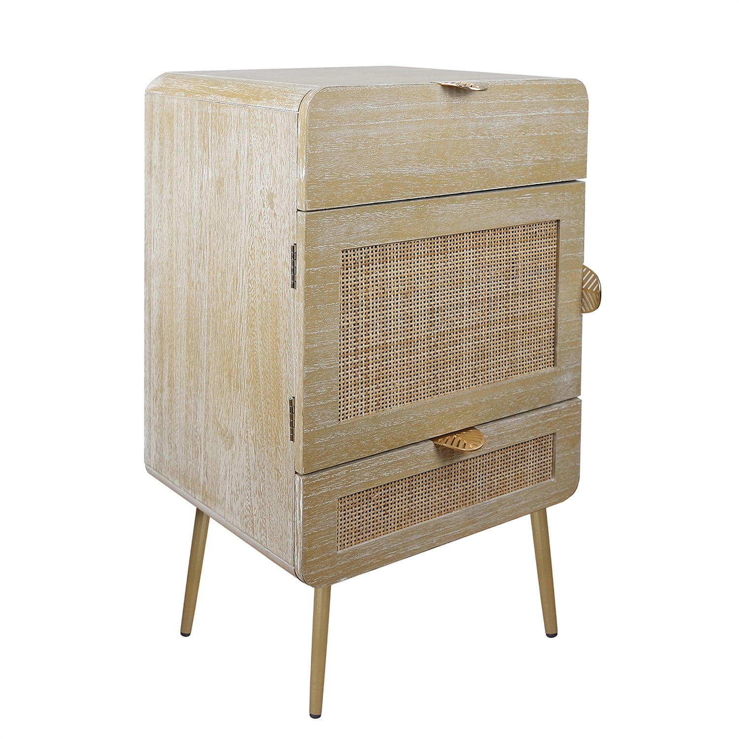 Kepooman Wooden Nightstand with One Cabinet and Metal Feet, Natural Rattan 2 Drawer Nightstand, Natural Kepooman Wooden Nightstand with One Cabinet and Metal Feet, Natural Rattan 2 Drawer Nightstand, Natural