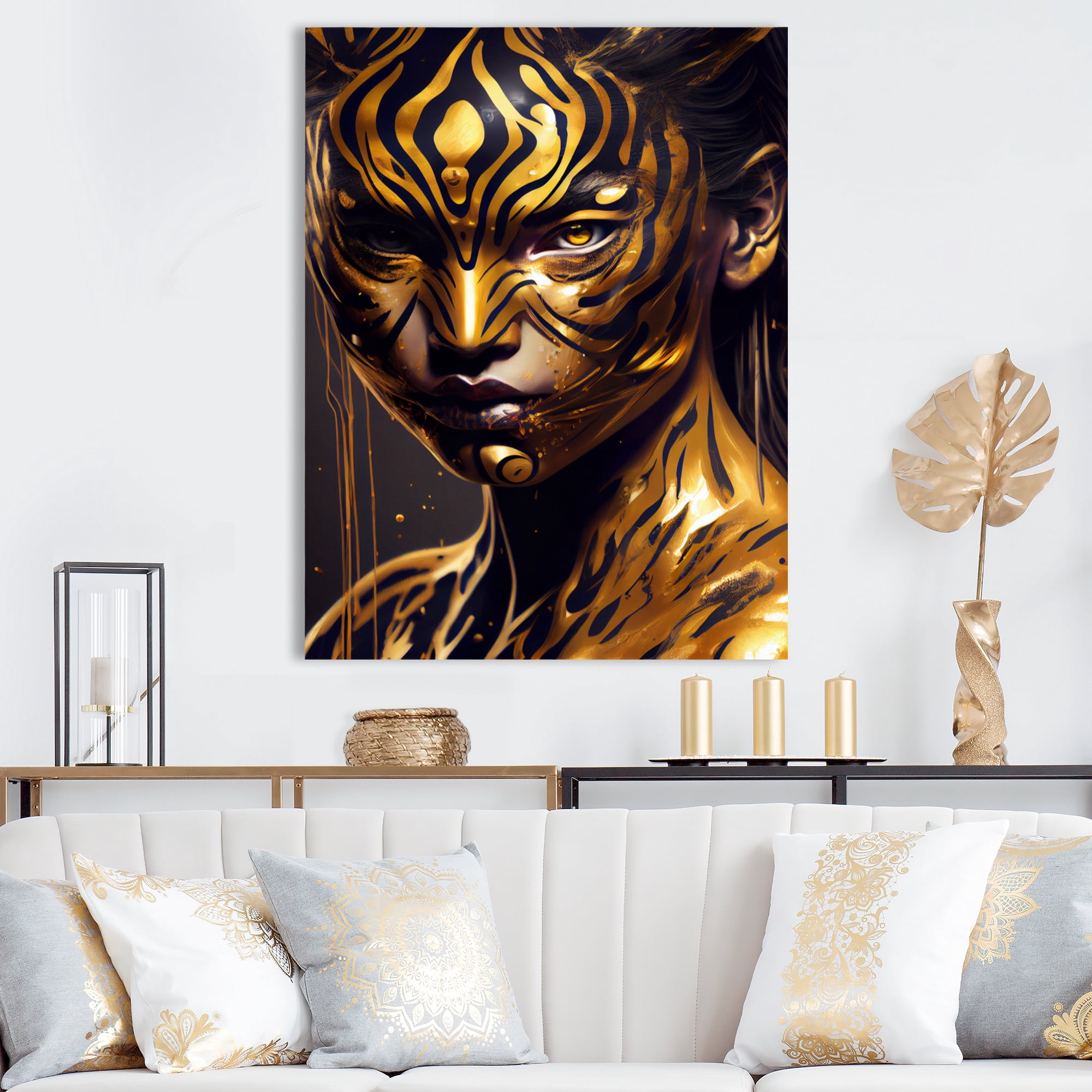 Designart Black And Gold Tiger Woman I Canvas Wall Art