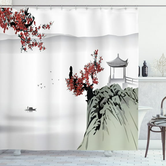 Asian Decor Shower Curtain Set, Asian River Scenery With Cherry Blossoms And Boat Cultural Hints Mystical View Artsy Work, Bathroom Accessories, 69W X 70L Inches, By Ambesonne
