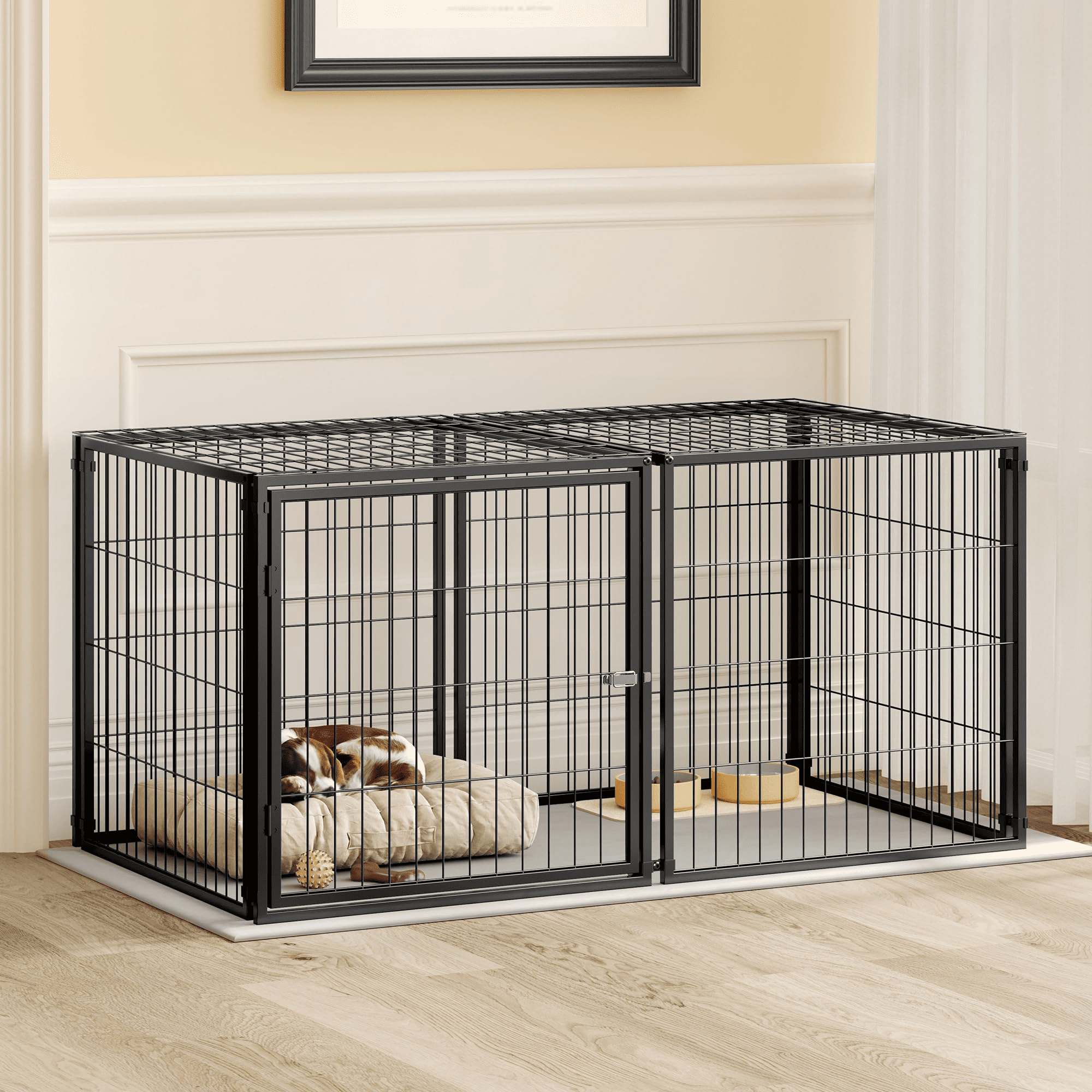 QNACPY Heavy-Duty Steel Dog Crate Furniture, 48" Metal Kennel Indoor,Extra Large Dogs Cage for Small/Medium/Large Dogs,End Table TV Stand,Black