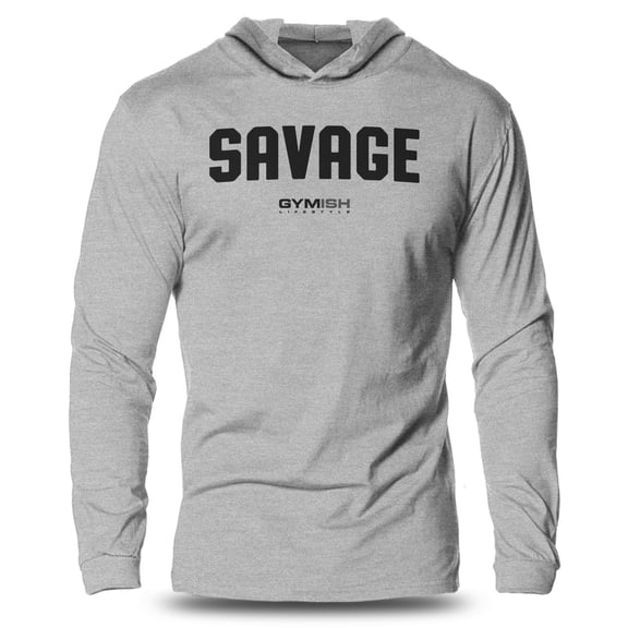 GYMISH Savage Lightweight Long Sleeve Hooded T-Shirt for Men – Funny Gym Hoodie, Workout Apparel, Sport Grey, Small