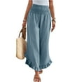 thumbnail image 2 of Linen Pants Women Summer Wide Leg Smocked Waist Ruffle Hem Palazzo Pants Boho Flowy Beach Vacation Pant with Pockets Light Blue L, 2 of 9