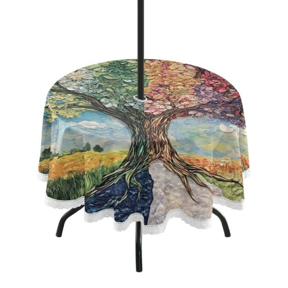 60" Outdoor Round Tablecloth with Umbrella Hole & White Lace Trim Waterproof Patio Table Cover for Garden, Kitchen, Dining Trees for All Seasons