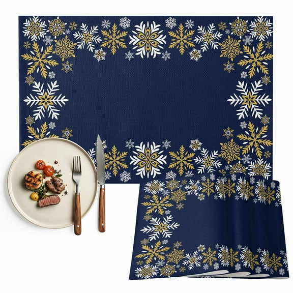 Gold White Snowflakes Christmas Placemats Set of 4, Winter Navy Blue Table Mats Washable Heat-Insulation Non-Slip Place Mats for Kitchen Dinner Table Indoor Outdoor Decor,13x19 Inch