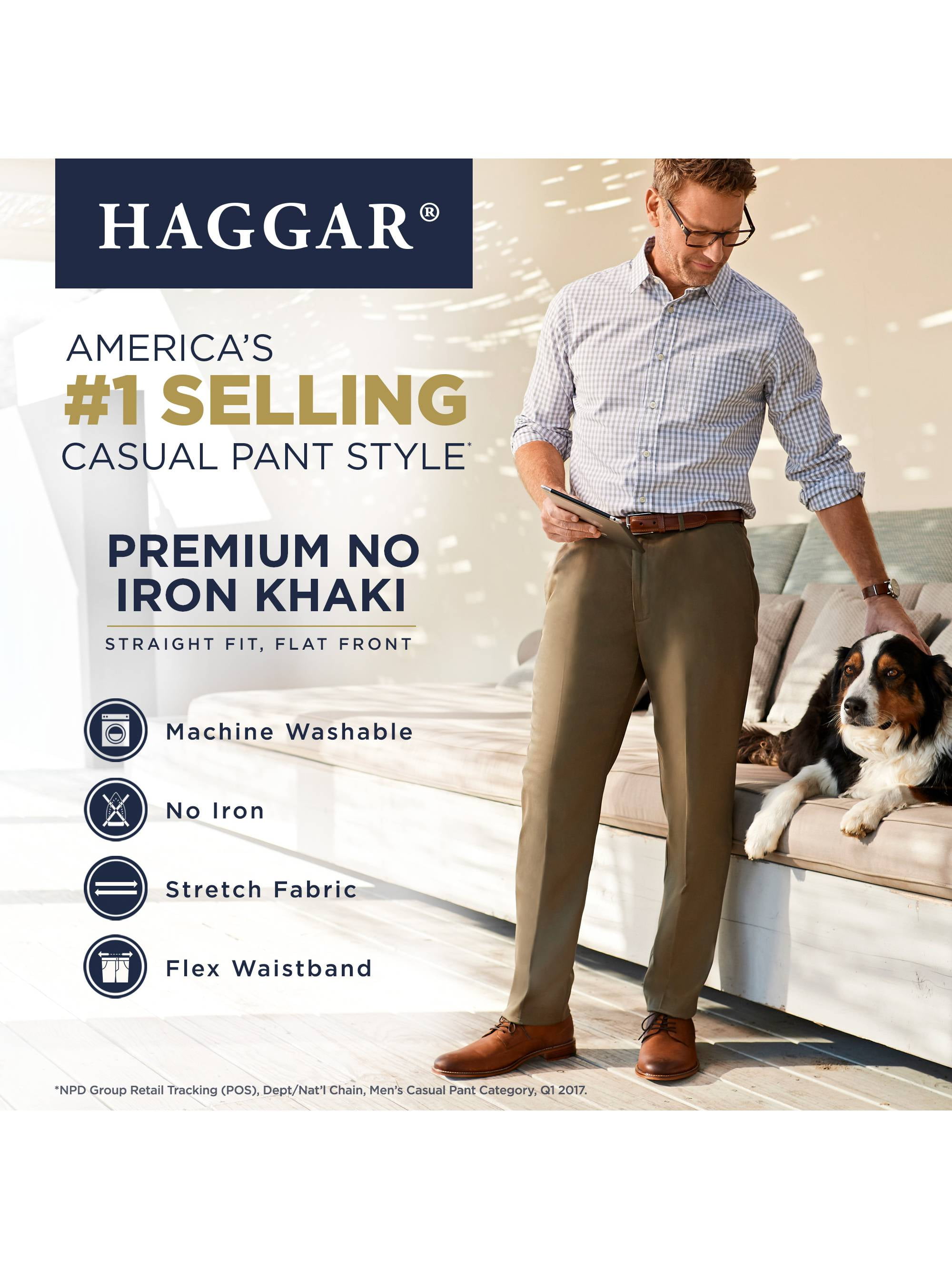 Haggar Men's Premium No Iron Khaki Straight Fit Flex Waistband Flat Front Pant